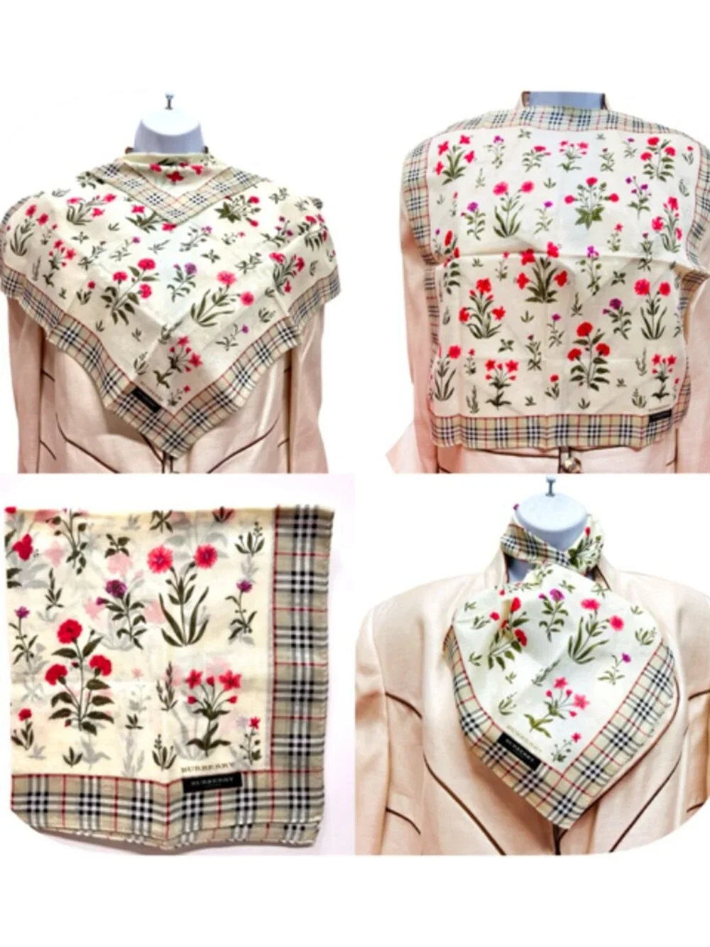 New   Burberry Neck-handker /Mini Scarf 19.5" Cotton Olive Gray Floral Check(77 - Picture 8 of 13